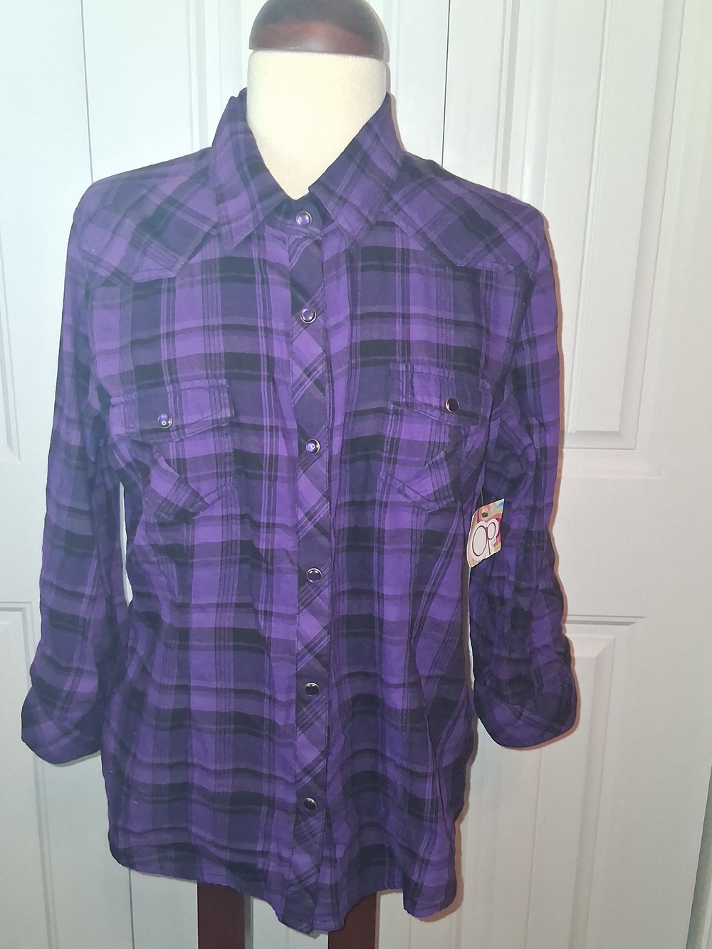 NWT Ocean Pacific (OP) Soft Purple Plaid Women's Snap-Up Shirt Size XL (16-18)